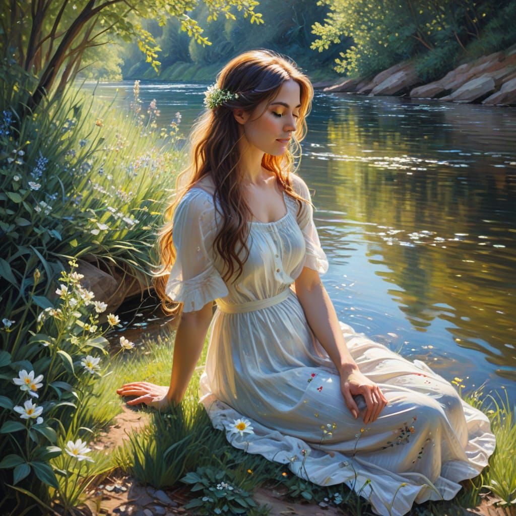Serene Woman by River in Impressionistic Oil Painting Style