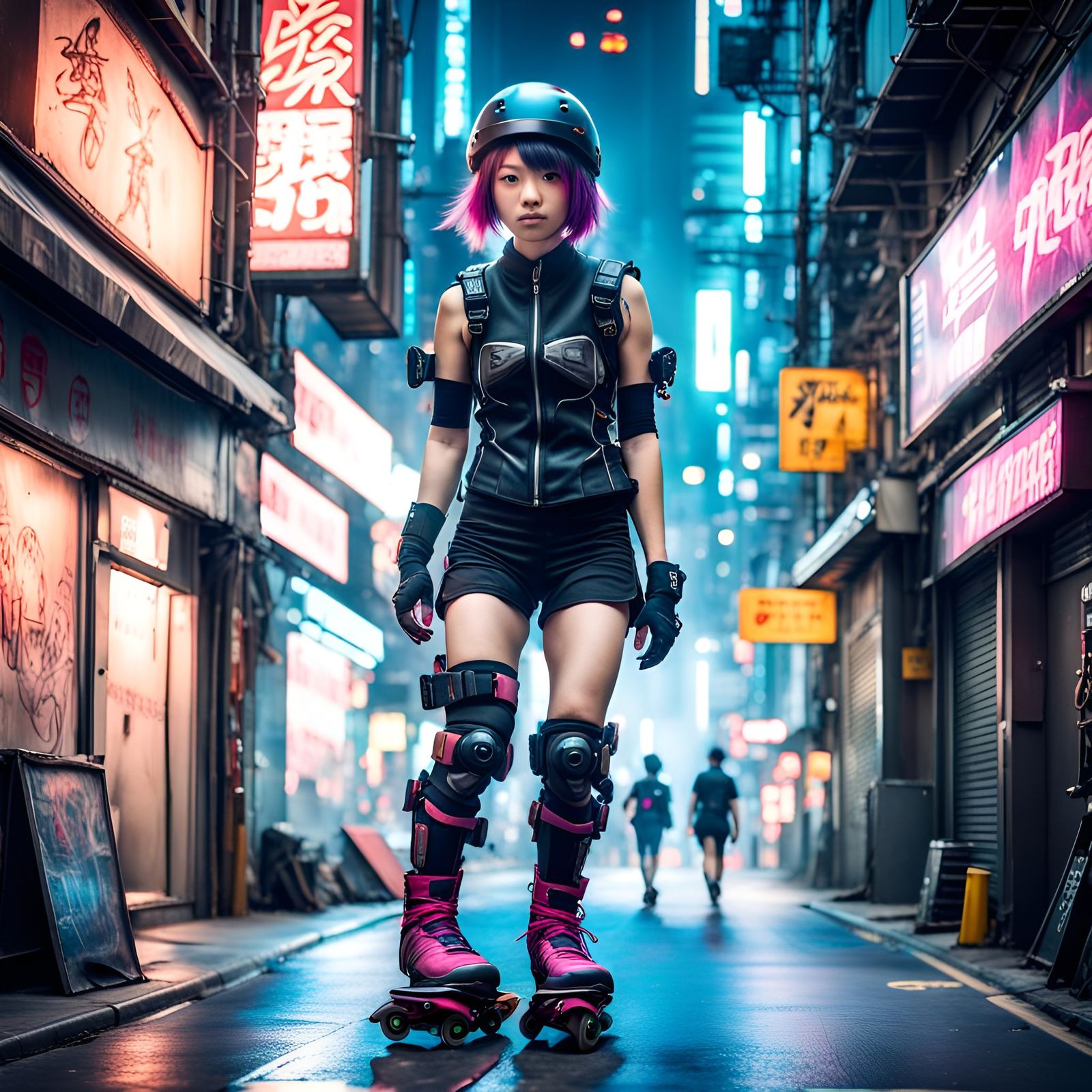 A Japanese cosplay anime girl rollerblading