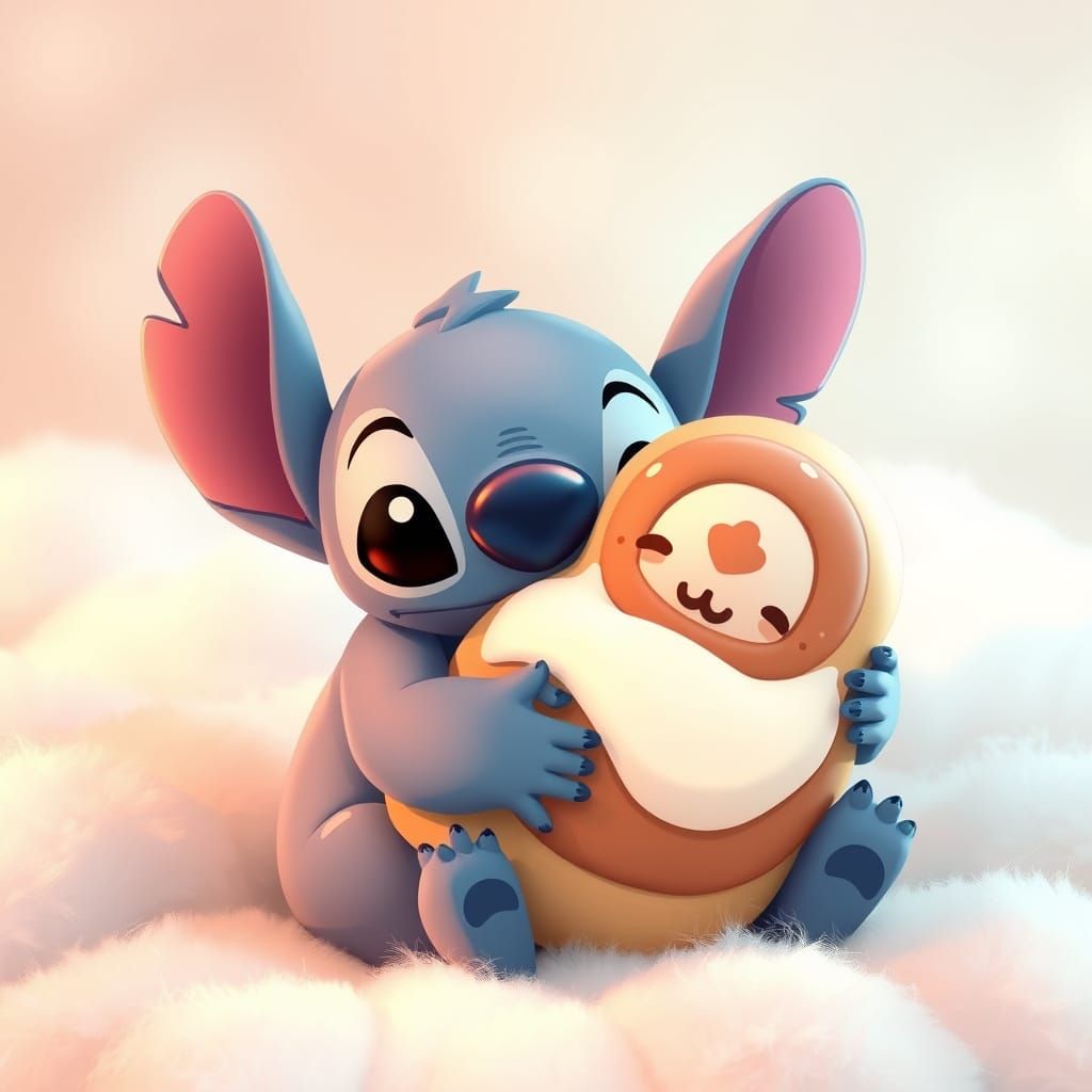 Stitch Hugs Cinnamoroll in Kawaii Art Style