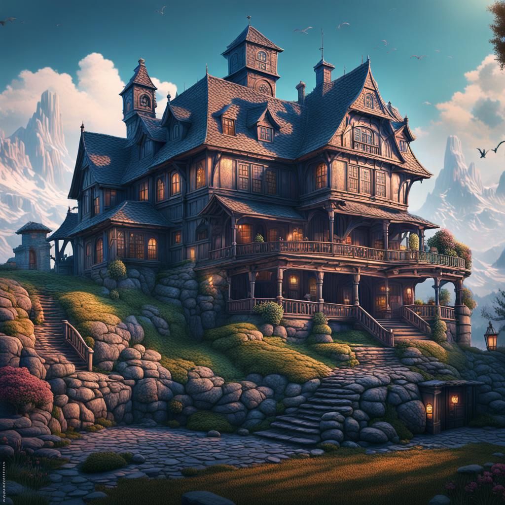 Large House Over Vintage Village: Detailed Matte Painting