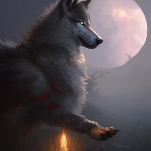 Magical Spirit Wolf in Moonlight, Detailed Fantasy Art