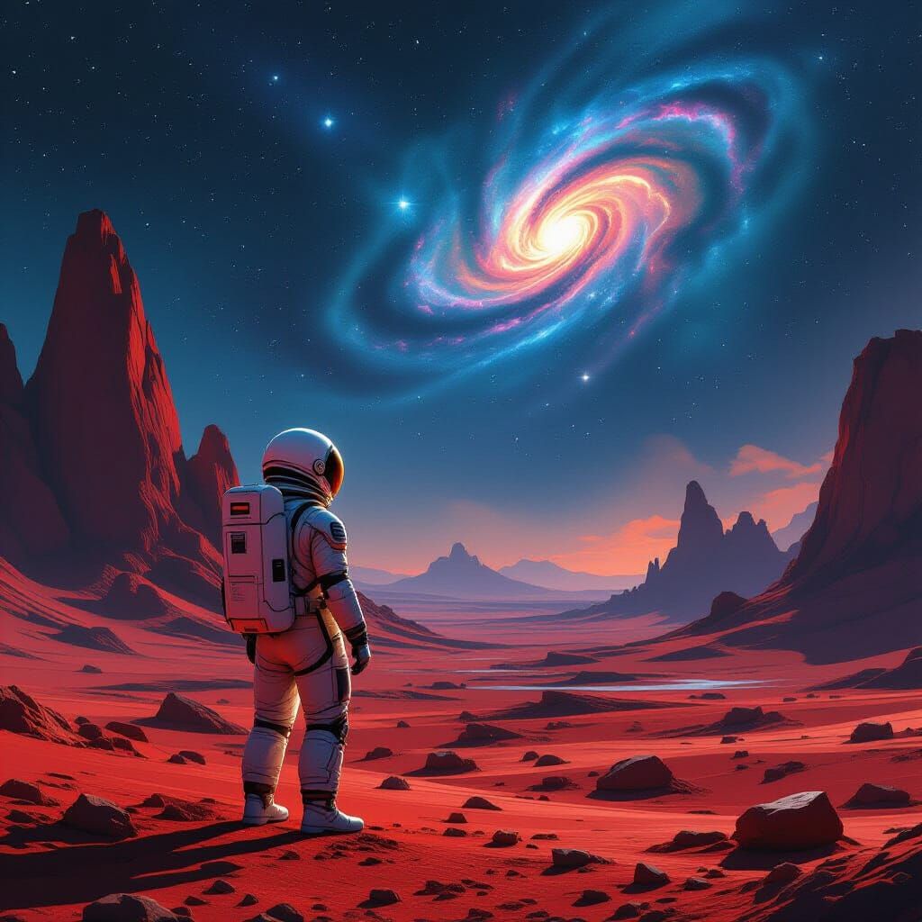 Astronaut on Alien Planet Gazing at Nebula