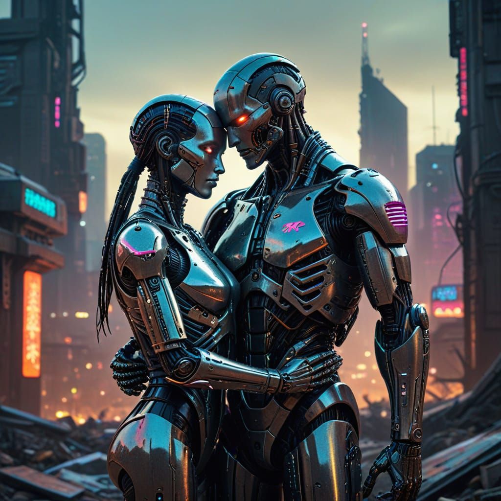Cybernetic Robots Embrace in Dystopian Cityscape