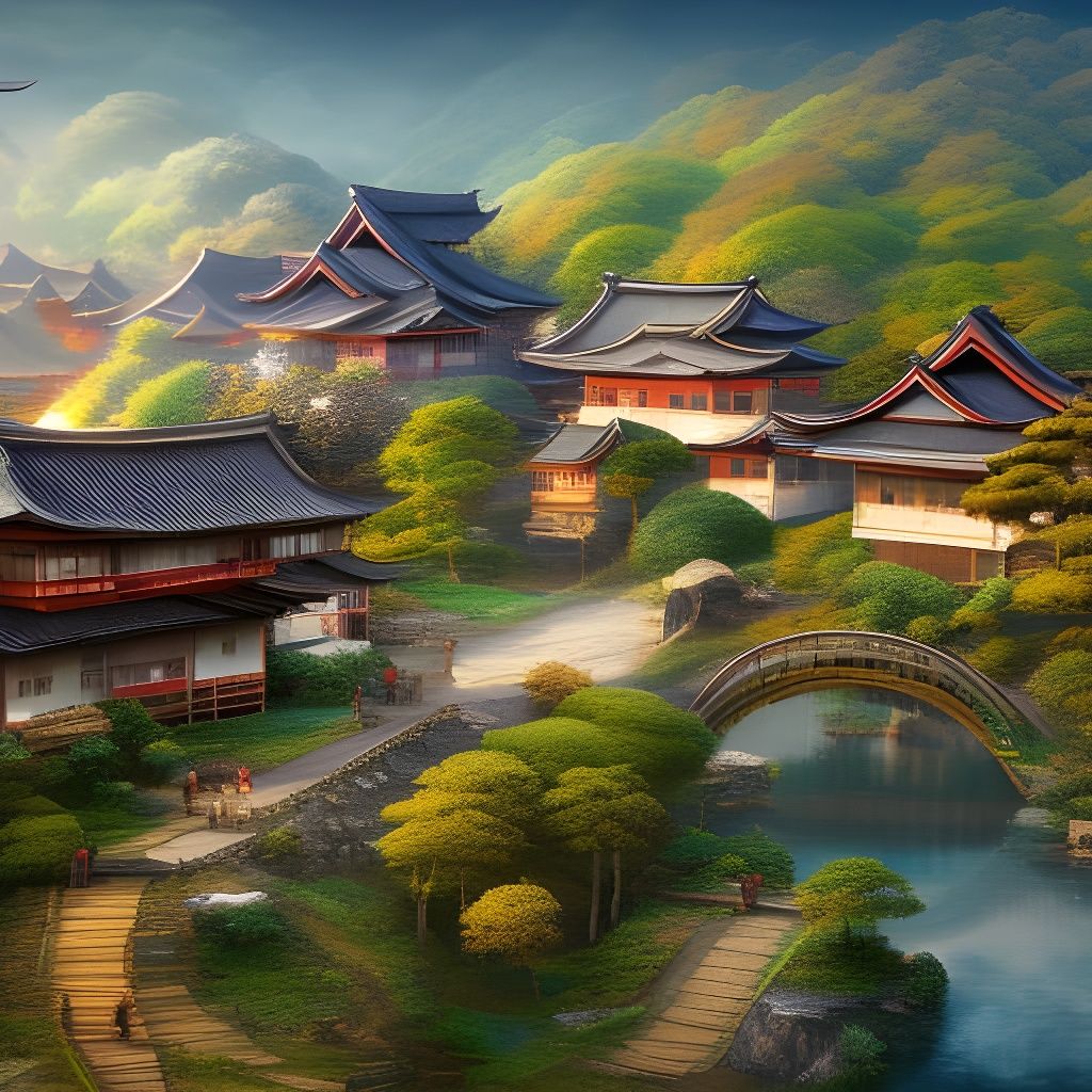 Fantastical Japanese Village in Detailed Matte Painting