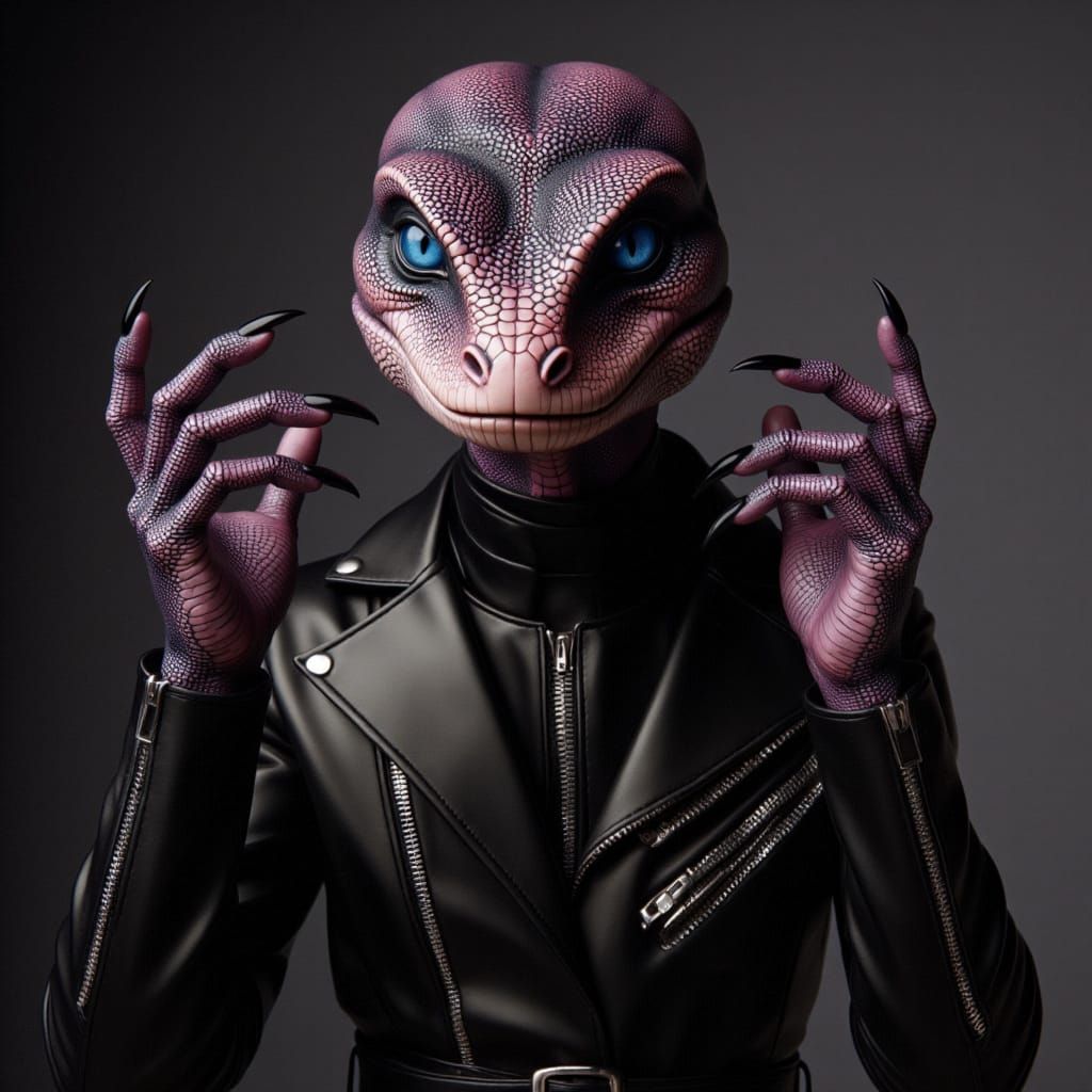 <lora:SRaC:1.0> medium shot portrait, cute male reptilian wearing a leather outfit and posing dramatically, sparkles bac...