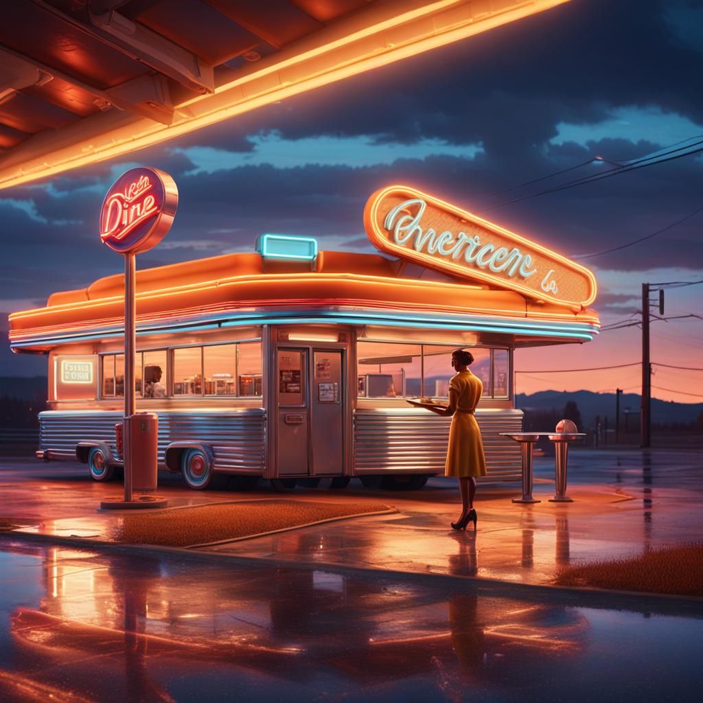 Hyperrealistic American Diner Scene at Dusk
