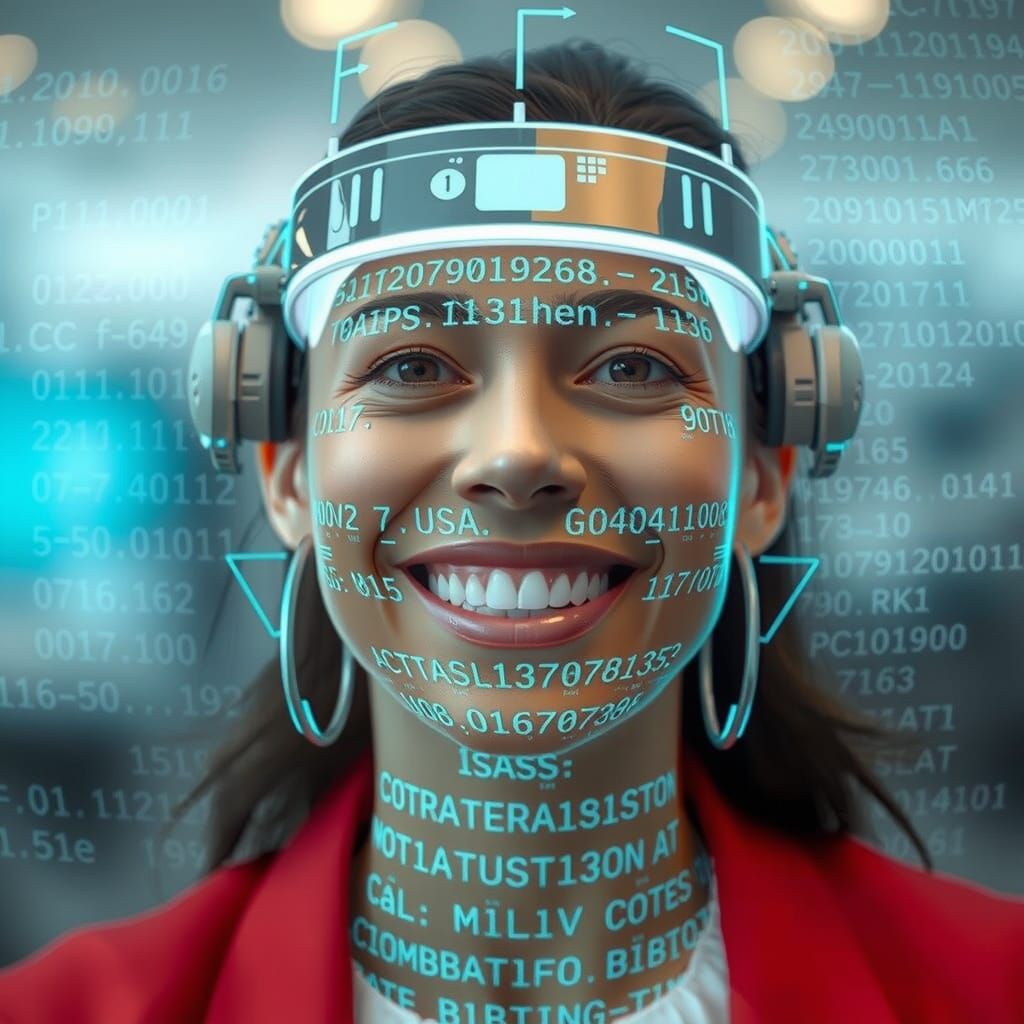 Smiling Woman's Face Covered in Blue Neon Code