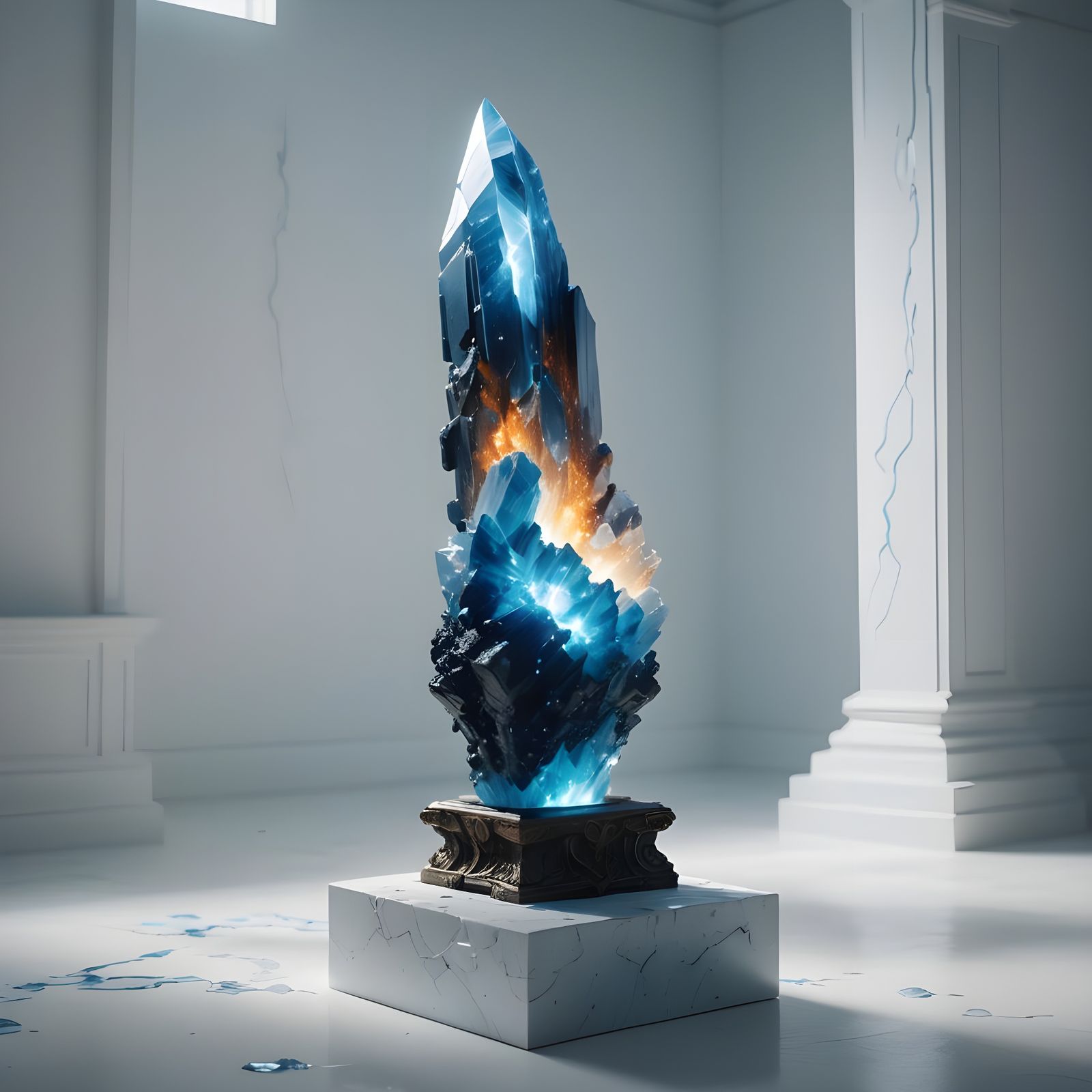 Glowing Blue Mineral Specimen on Pedestal