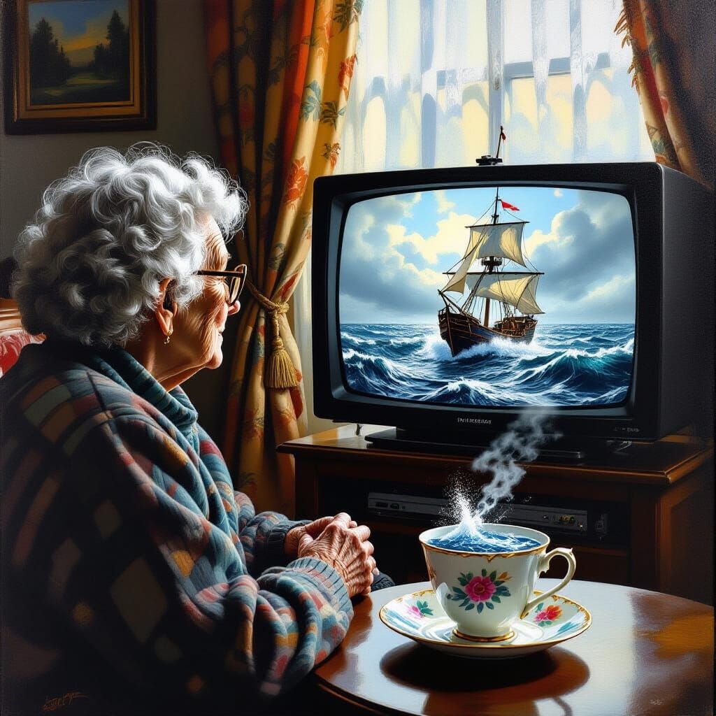 Stormy Teacup Scene in Style of James Gurney