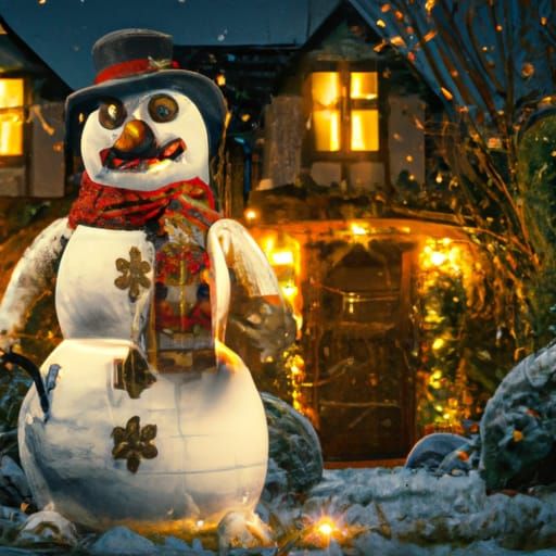 Jolly Snowman in Garden at Night: Digital Matte Painting