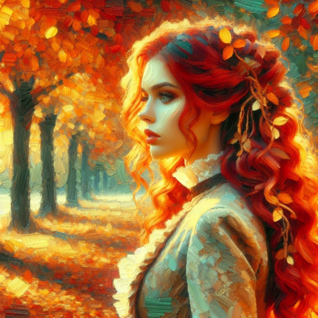 ibrant oil painting. Medium shot. Woman with red hair walkin...