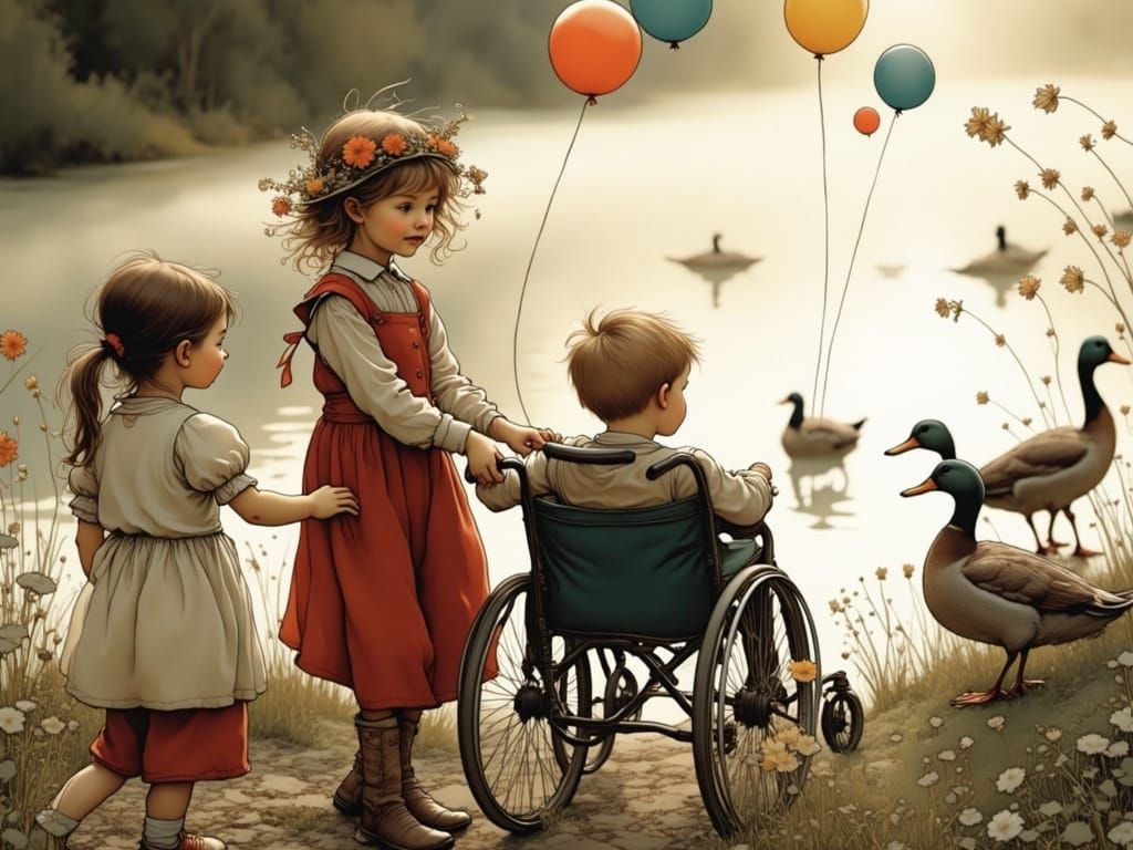 Joyful Siblings Share Laughter and Play by a Serene Pond in ...