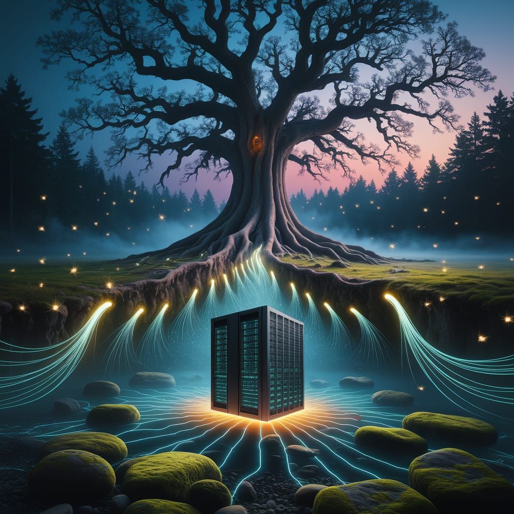 Ancient Oak Tree Fuses with Futuristic Data Server