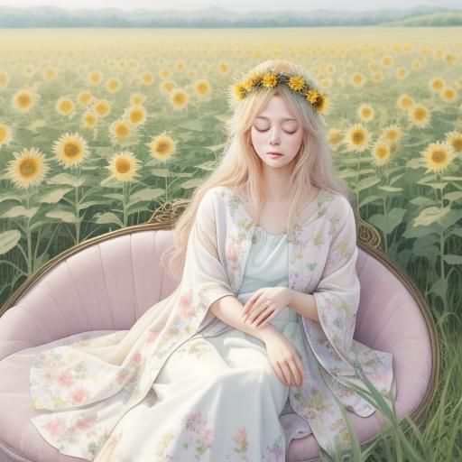 Baby Bunny Goddess in Pastel Watercolor Meadow