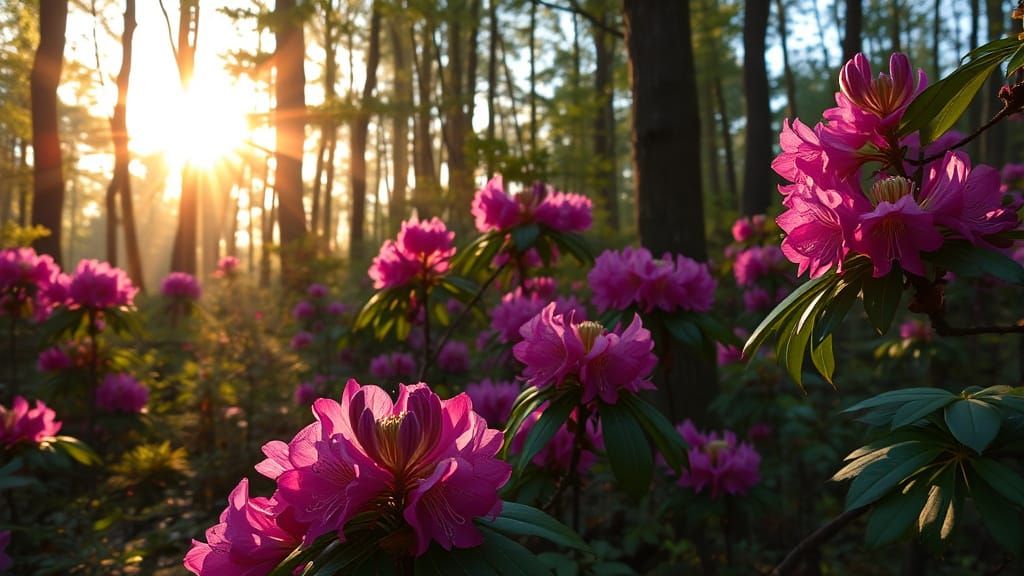 Rhododendrons Blooming in Dutch Forest: Morning Sunlight