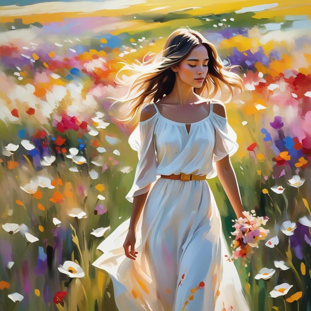 Girl in Flower Field: Impressionist Abstract Portrait