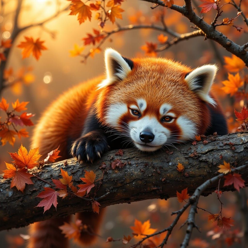 Red Panda Slumbers Amidst Autumn Foliage