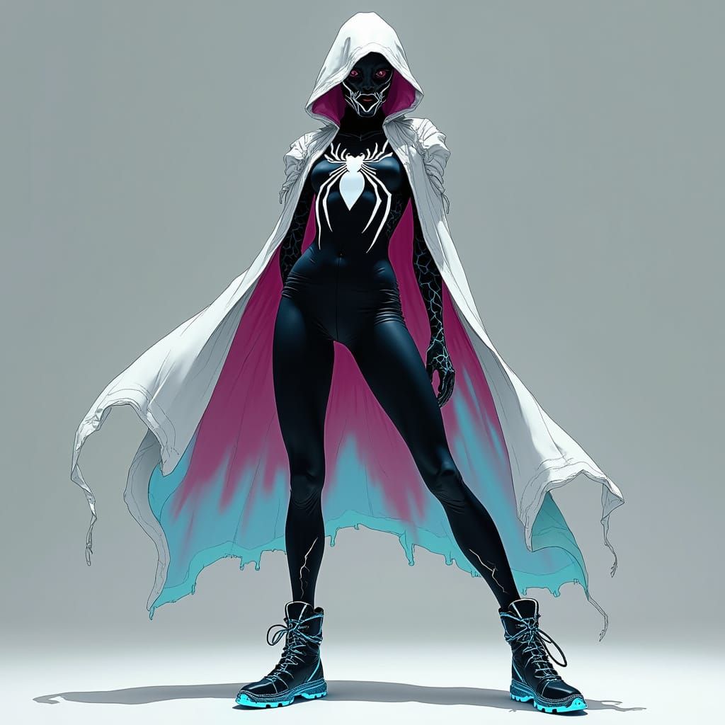 Mysterious Figure in Cyberpunk Spider Web Bodysuit