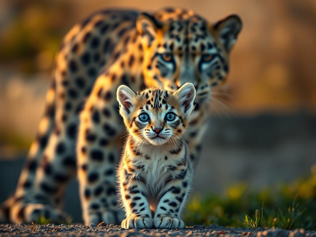 Majestic Snow Leopard Shadοw with Curious Baby Kitty
