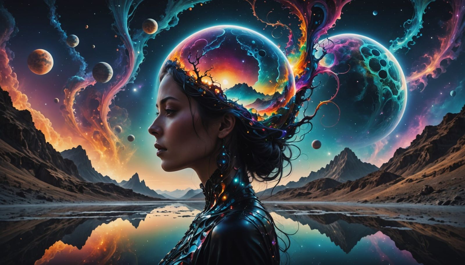 Surreal Double Exposure: Woman Silhouette Filled With Alien ...