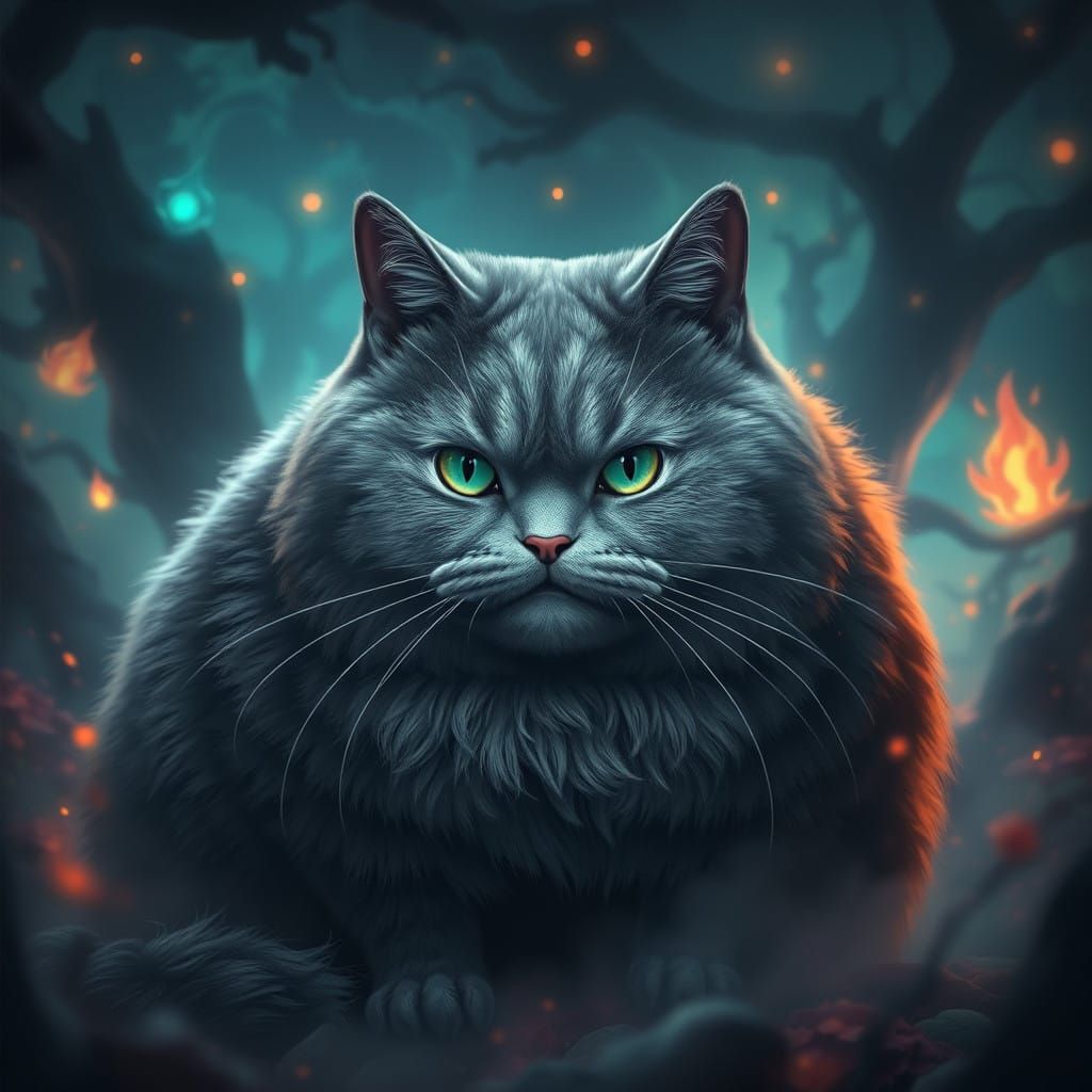 Grey Fantasy Cat in Dreamlike Landscape