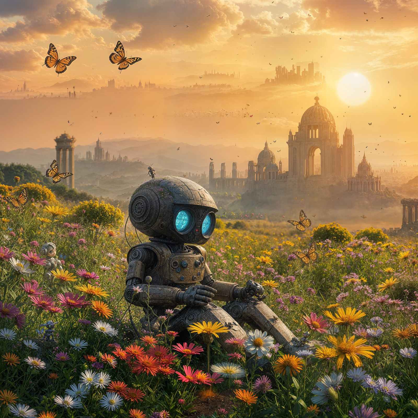Hopeful Robot in Vibrant Field of Wildflowers