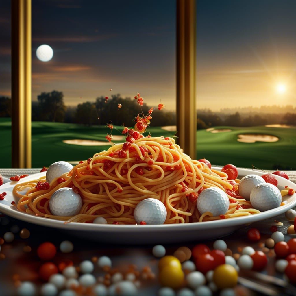Hyperrealistic Spaghetti Topped with Golf Balls