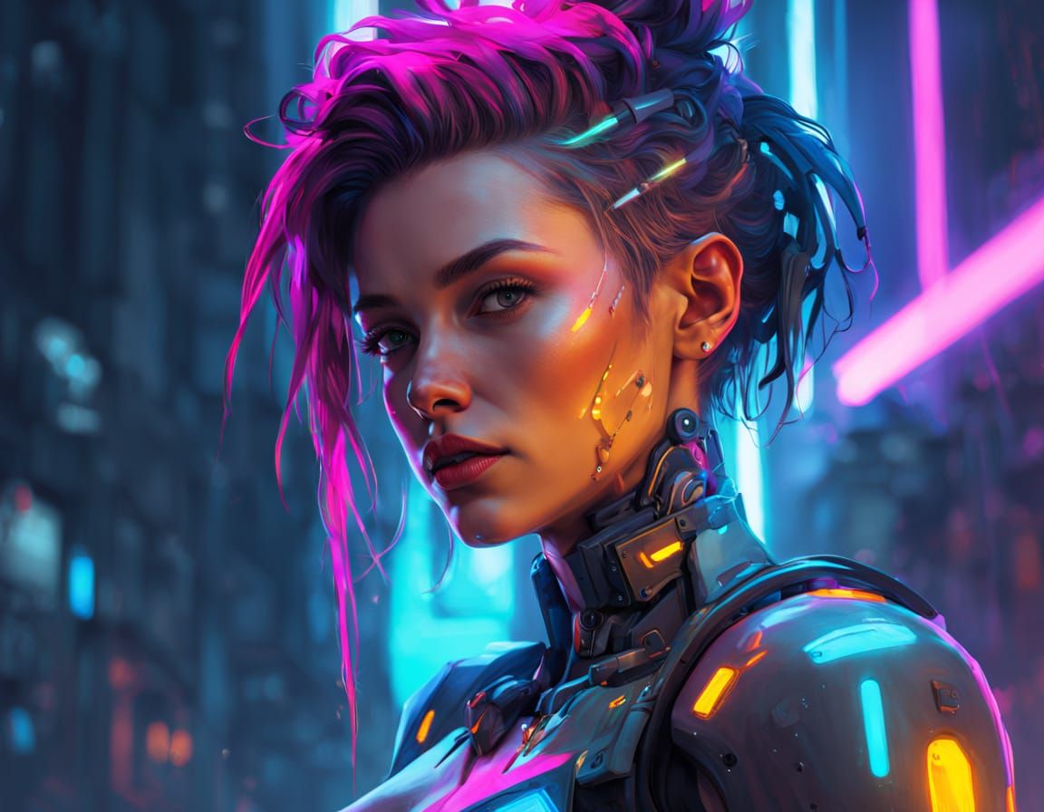 Cyberpunk Humanoid Portrait with Neon Glow and Metallic Shee...