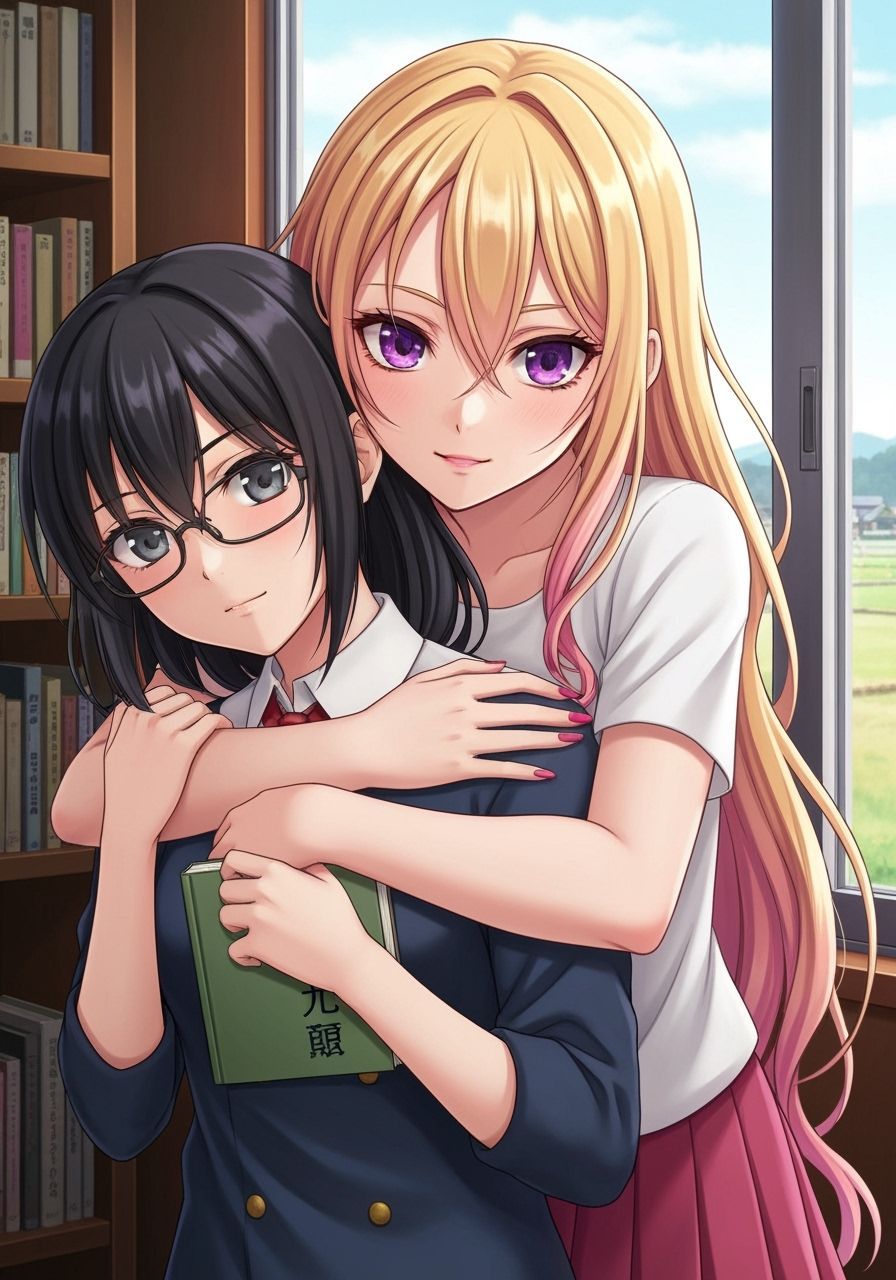Anime Girl Hugged By Gyaru In Library