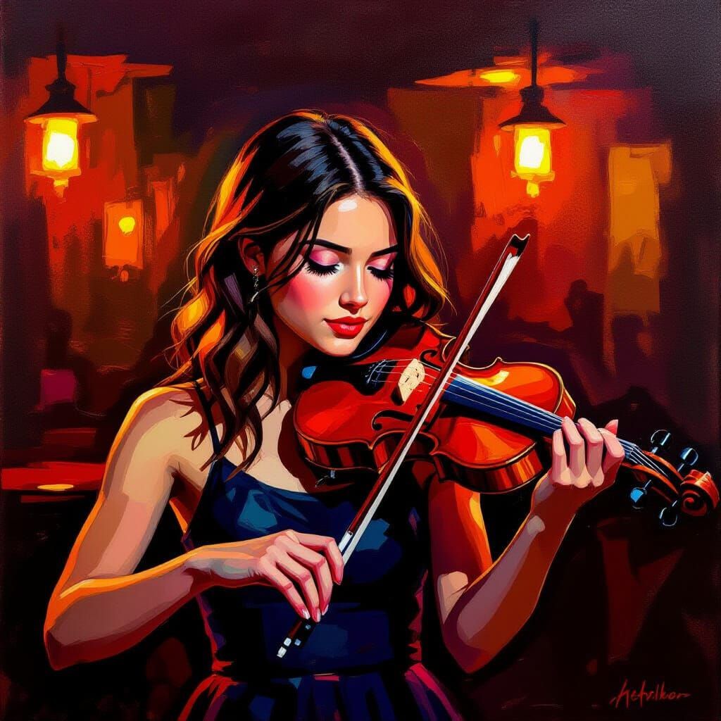 Passionate Violinist in Lively Bar, Impressionistic Oil Pain...