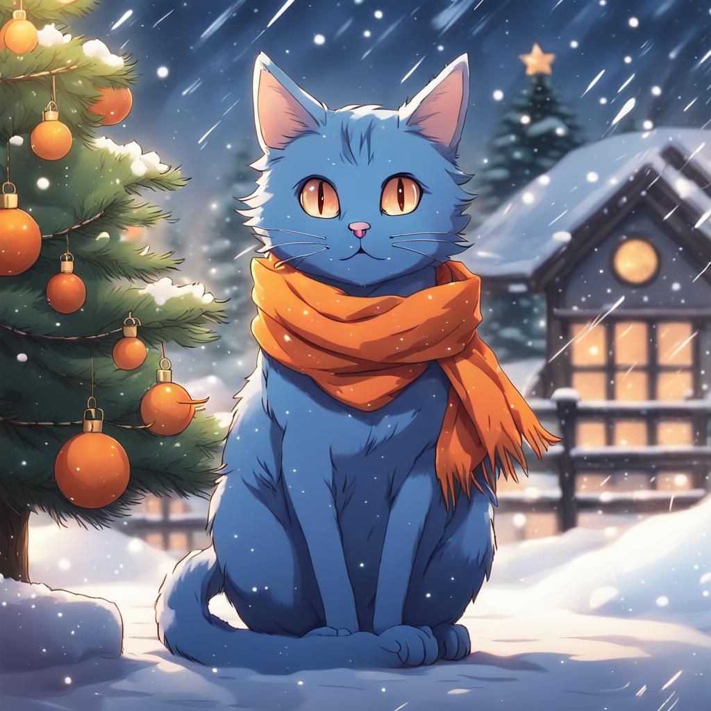 Blue Cat with Scarf in Snowy Anime Style