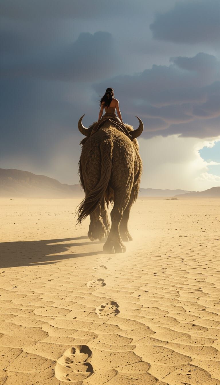 Majestic Beast and Rider in a Solitary Landscape