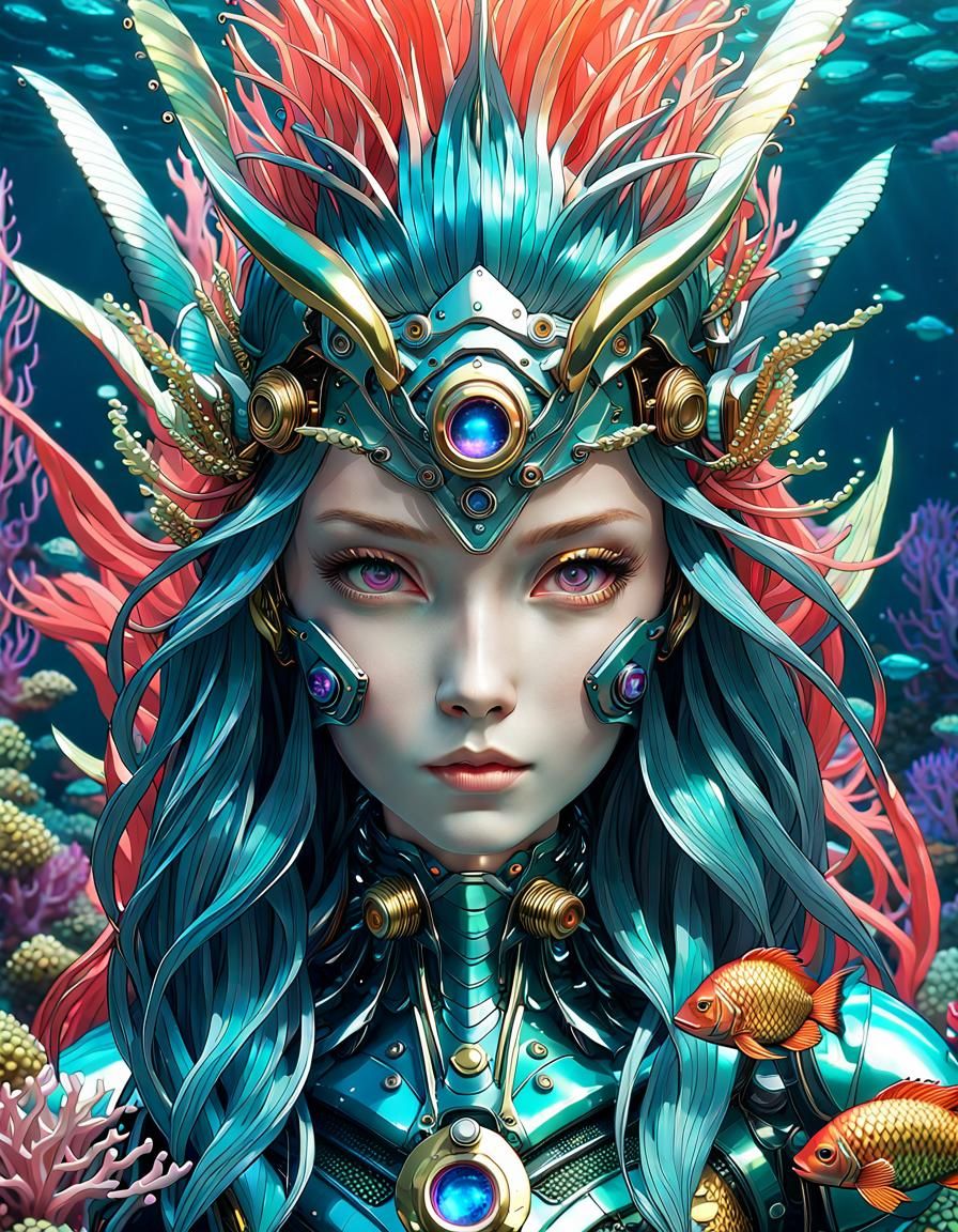 Robot Mermaid in Coral Reef: Anime Cyberpunk Art