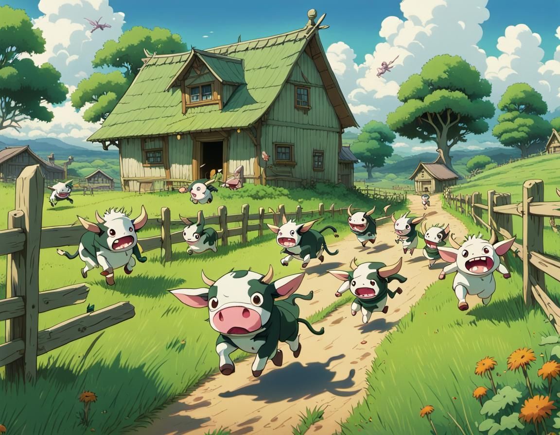 Goblins Chase Cow: Studio Ghibli Anime