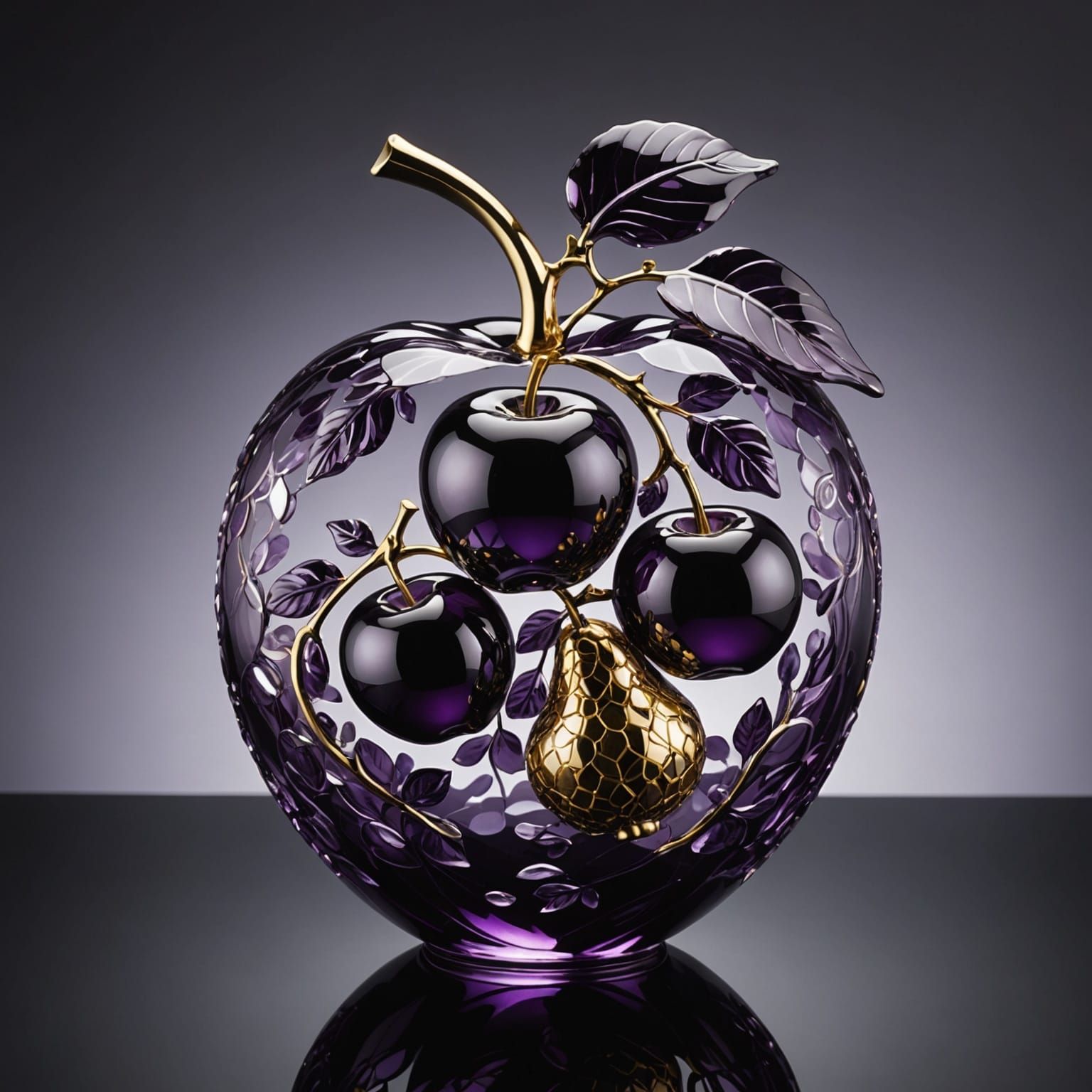 Elegant Glass Fruit Sculpture in Purple and Gold