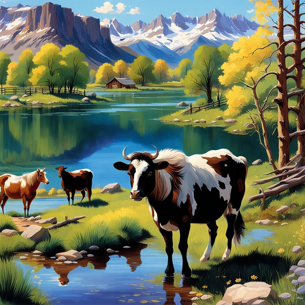 Peaceful Springtime Farm Scene in Western Landscape