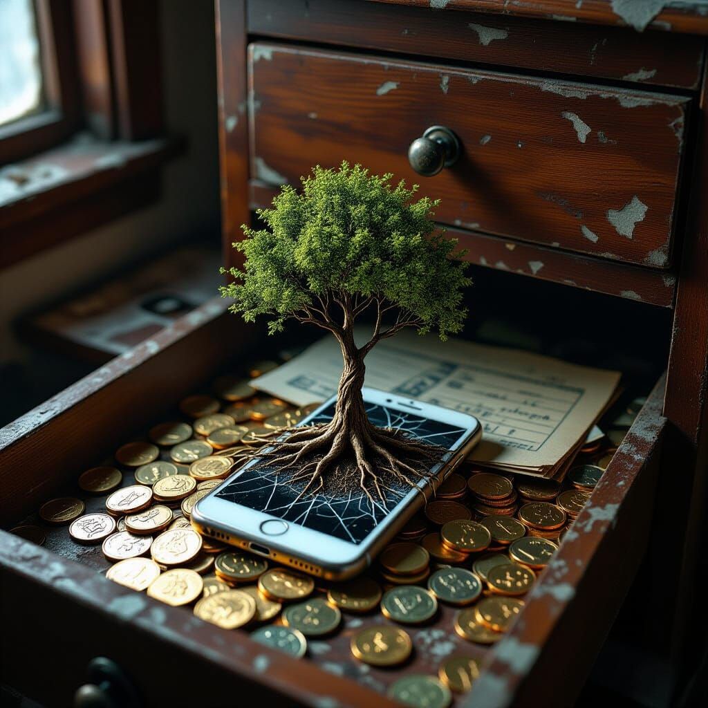 Coins Tree Grows From Cracked Cellphone in Dusty Drawer