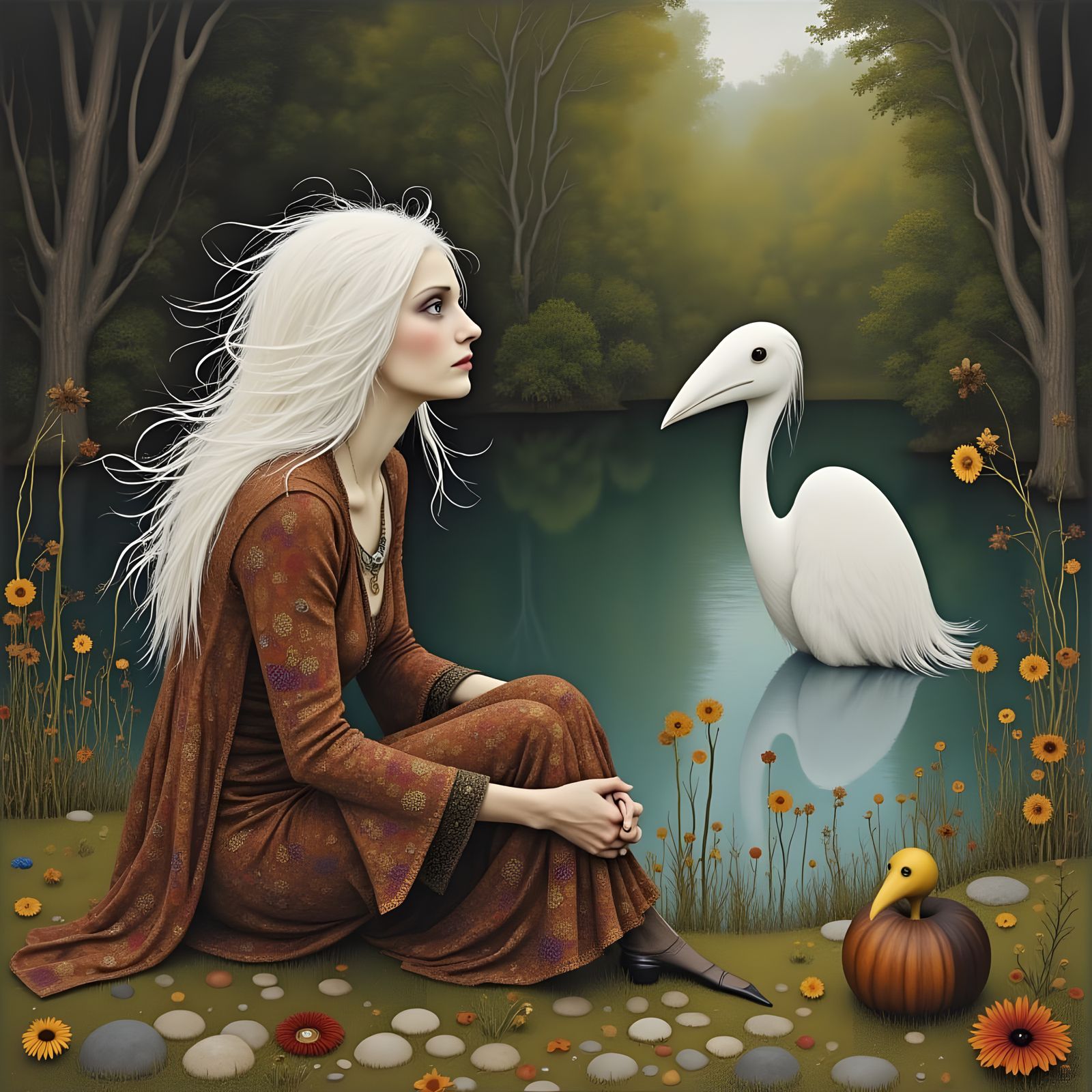 Bohemian Woman by Pond with Giant Bird Reflection, Wallace &...