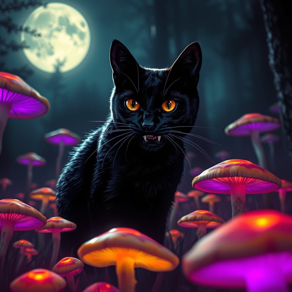 Mysterious Black Cat Surveys Bioluminescent Forest