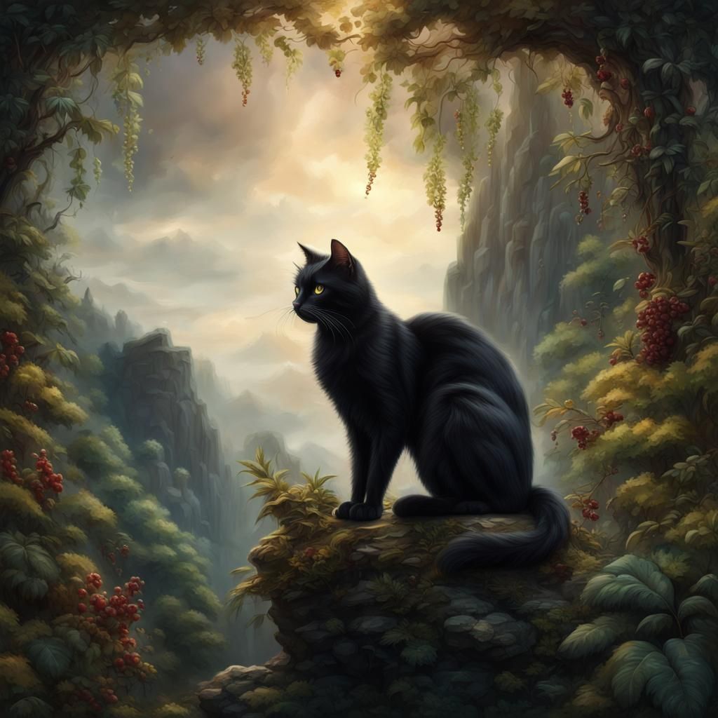 Black Cat King in Forest: Digital Matte Painting