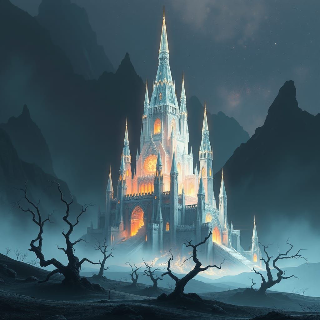 Luminous Crystal Castle in Dark Landscape