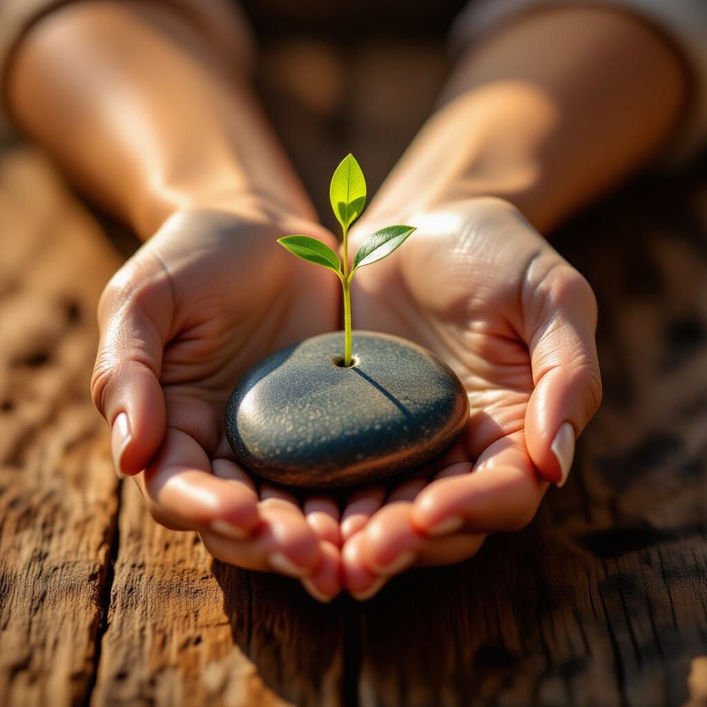 Hopeful Sprout Emerges From Stone, Golden Hour Light