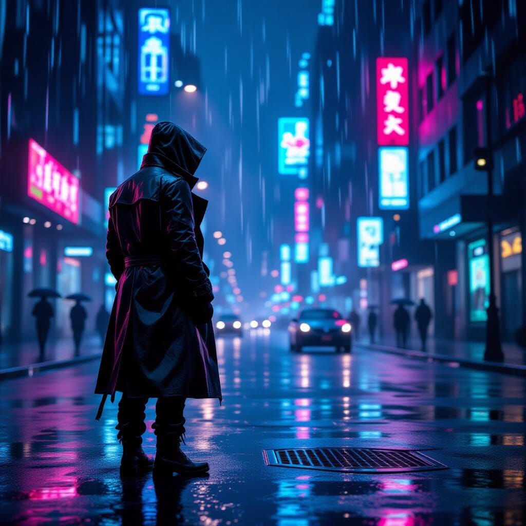 Lone Figure on Neon-Lit City Street at Night