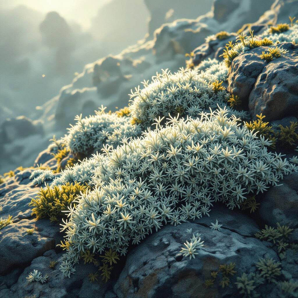 Ethereal Moss on Rocky Ledges in Matte Painting Style