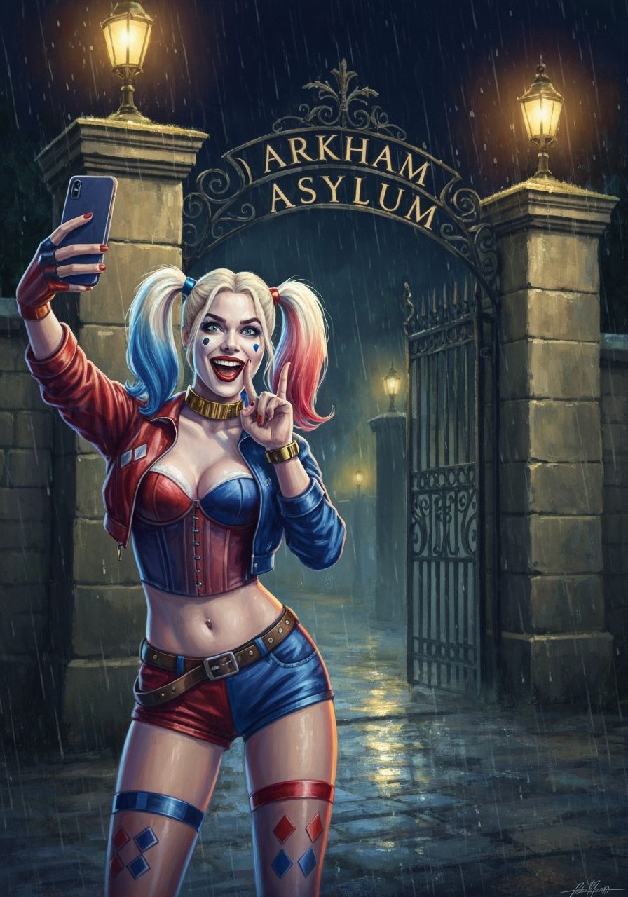 Harley Quinn Selfie at Arkham Asylum in Impressionist Style