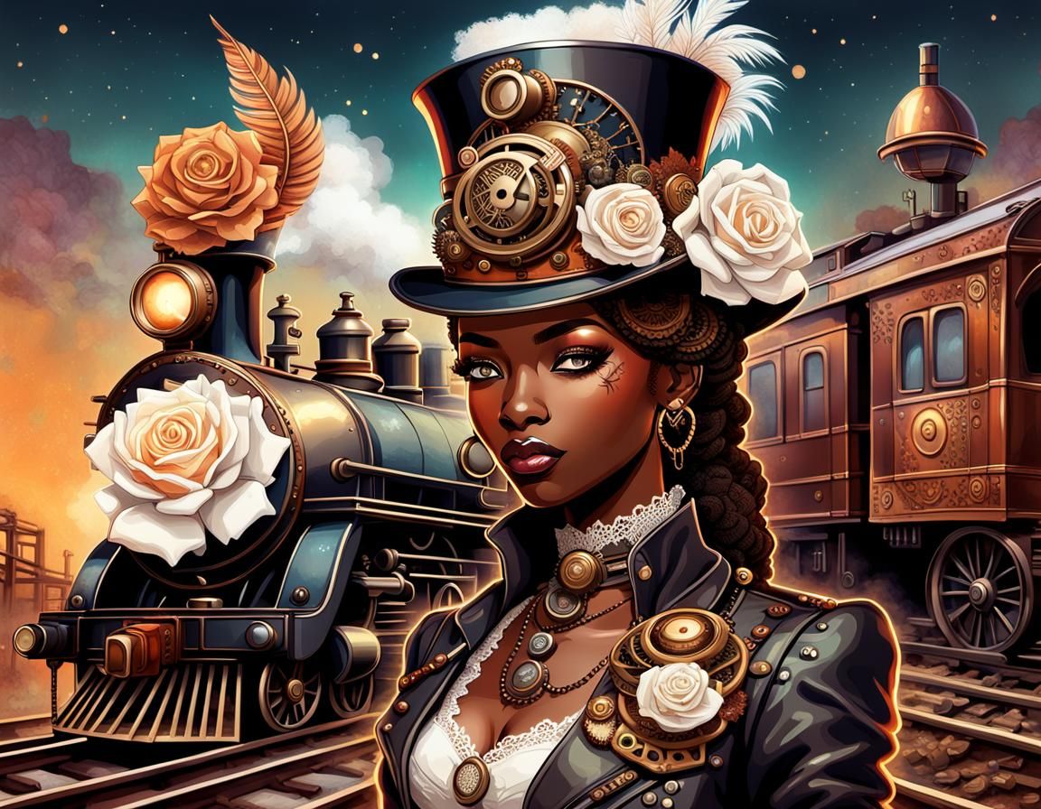 Steampunk Woman with Locomotive in Futuristic Setting