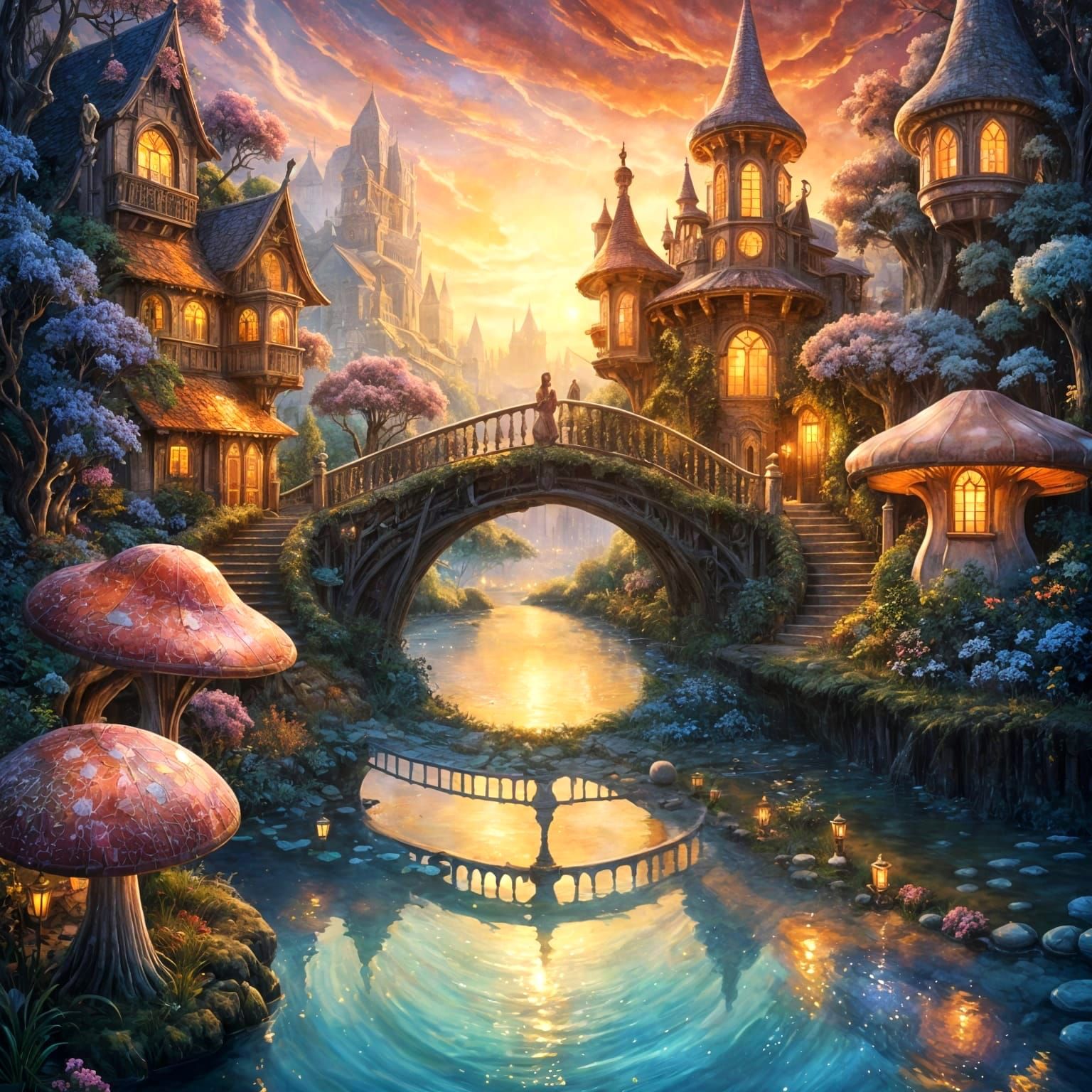 Enchanted Fey Village Bridge with Mushroom House
