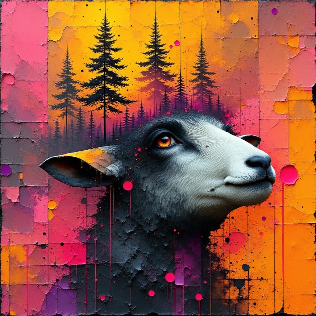 Surrealist Cosmic Sheep with Textured Wool and Glowing Stars