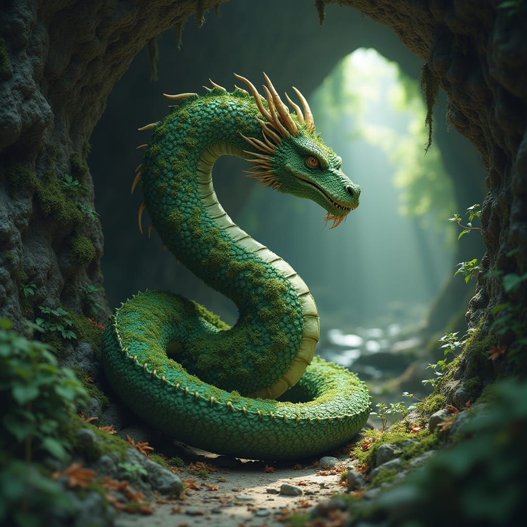 Majestic Moss-Covered Dragon Guards Ancient Cave