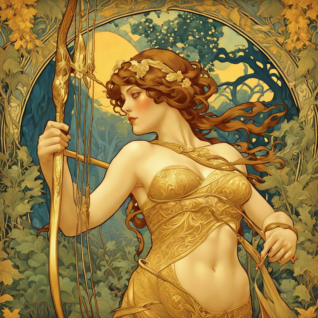 Art Nouveau Nymph Huntress in Forest